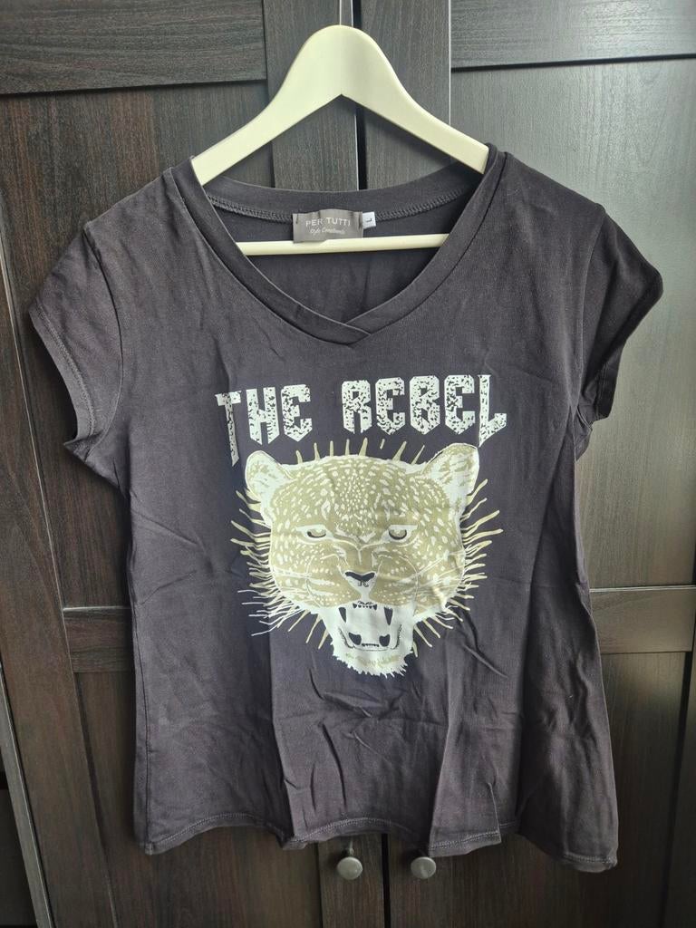 Zwart T-shirt met 'The Rebel' print en panterkop, Kleding | Dames, Per Tutti, Zwart, Maat 42/44 (L), Ophalen of Verzenden