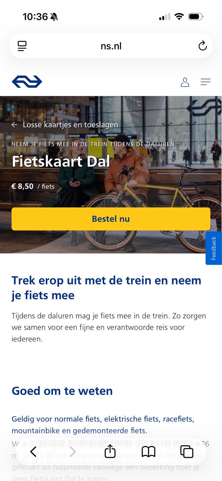 NS fiets ticket Dal zondag 6 sept, Eén persoon