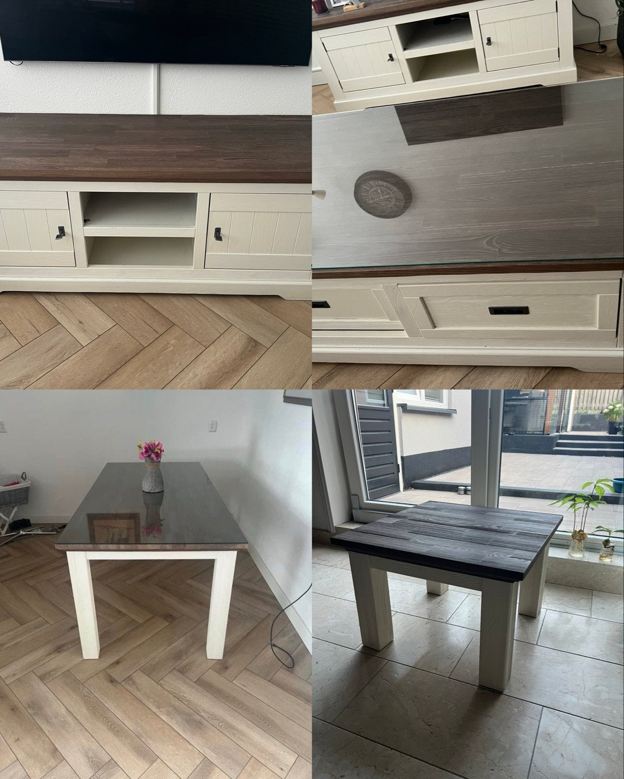 Complete set: TV-meubel, eettafel, salon- en bijzettafel, Ophalen, 50 – 75, Gebruikt, 150 tot 200 cm
