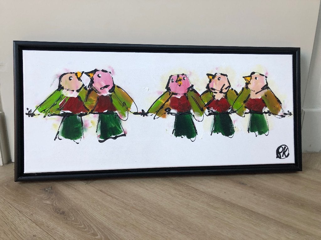 Vrolijke vogels schilderij met lijst, Acrylverf, Ophalen of Verzenden, Dieren, Overige materialen