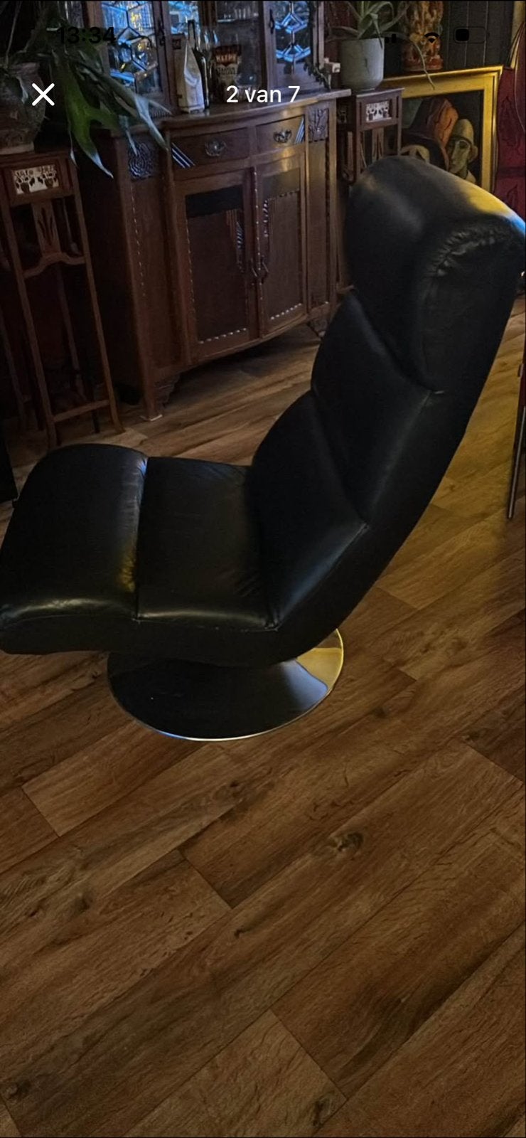 Zwarte leren relaxfauteuil met voetenbank, Ophalen, Gebruikt, Zwart, Leer