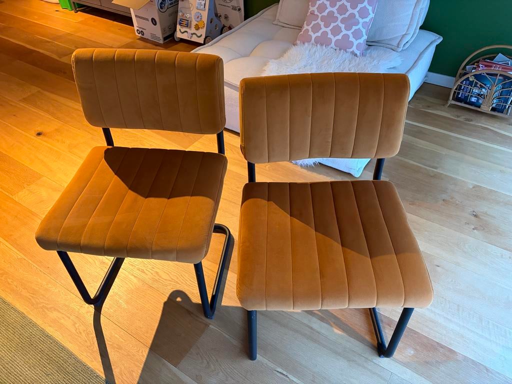 Set van 2 comfortabele eetkamerstoelen - okergeel, Huis en Inrichting, Stoelen, Zo goed als nieuw, Twee, Metaal, Overige kleuren