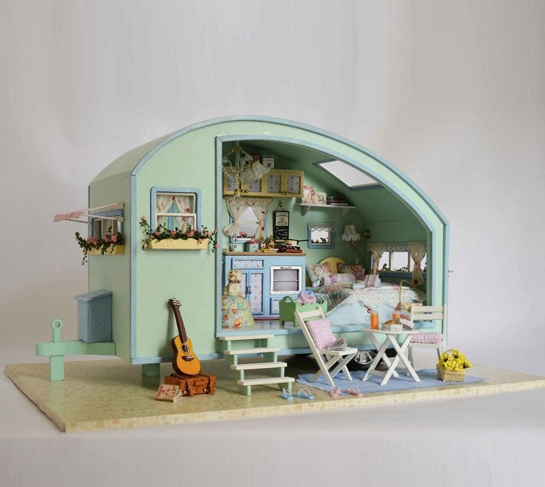 Houten Poppenhuis Caravan / Zelfbouw Bouw Model Mini Huis, Verzenden, Nieuw, Poppenhuis
