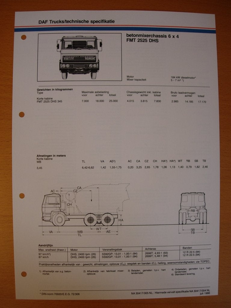 DAF FMT 2500 DHS Technische Specificatie Folder 1986 – 6x4, Ophalen of Verzenden, Zo goed als nieuw, Overige merken, DAF