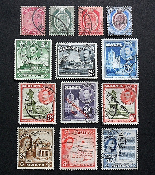Malta / Britse kolonie : 13 zegels periode 1885 t/m 1956, Ophalen of Verzenden, Overige landen, Gestempeld