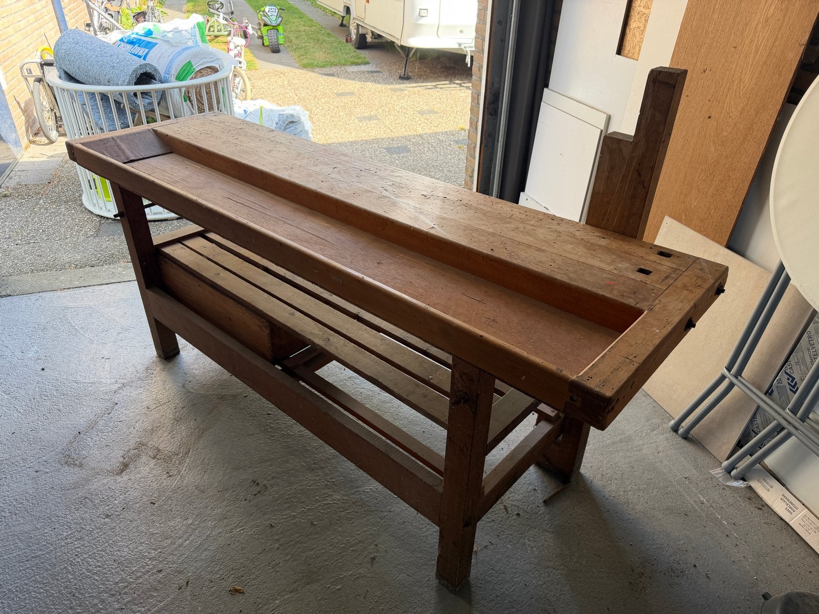 Vintage massief eikenhouten werkbank - 200 cm lang, Ophalen, Gebruikt, 170 cm of meer, Bankschroef