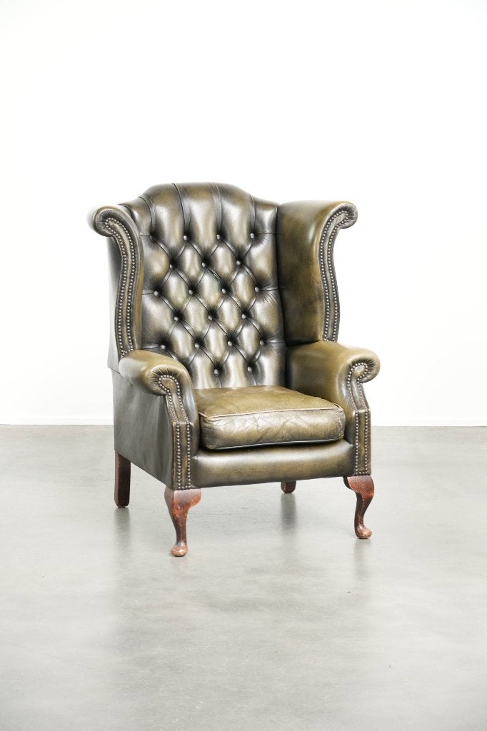Karaktervolle groene rundleren chesterfield oorfauteuil, Huis en Inrichting, Ophalen, Gebruikt, Chesterfield, /