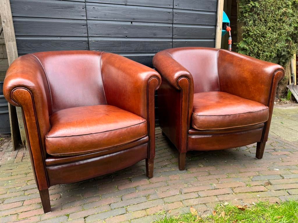Set schapenleren clubfauteuils in nette staat, Huis en Inrichting, Fauteuils, Ophalen of Verzenden, Gebruikt, 75 tot 100 cm