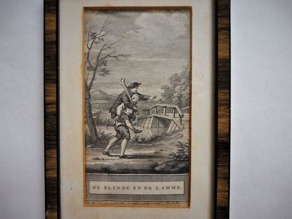 Kopergravure: DE BLINDE EN DE LAMME fabel ca.1780, Dagelijks leven, Ophalen of Verzenden, Gravure, Ingelijst