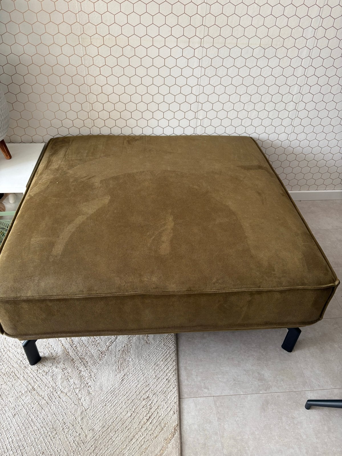 Mooie mosgroene hocker en cognac tafelbank, Ophalen, Gebruikt, 150 tot 200 cm, 75 tot 100 cm