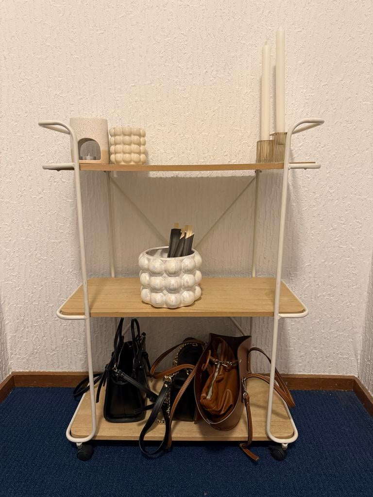 Decoratie rekje met 3 planken, wit metaal en hout, op wieltj, Ophalen, Gebruikt