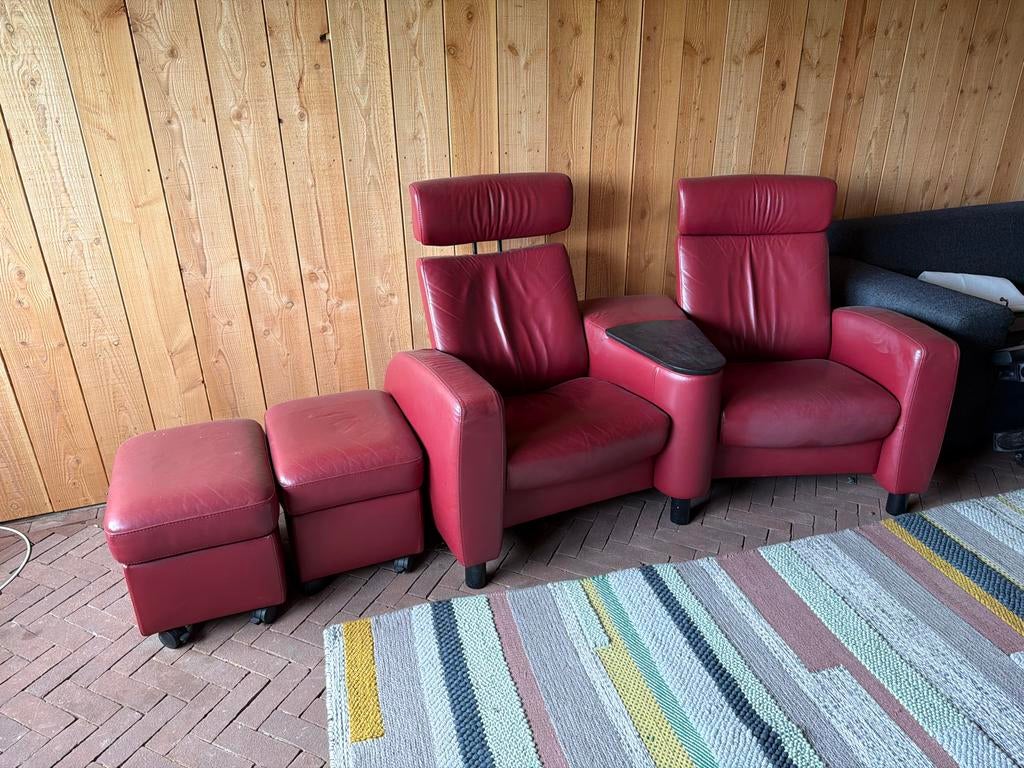 Stressless fauteuils met voetenbanken - Rood leer, Ophalen, Bioscoop, Zo goed als nieuw, 75 tot 100 cm