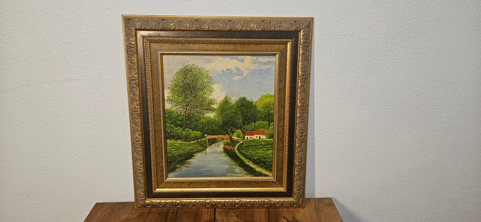 Schilderij Landschap met rivier en huisje, gesigneerd, Antiek en Kunst, Kunst | Schilderijen | Klassiek, Ingelijst, Paneel, Ophalen of Verzenden