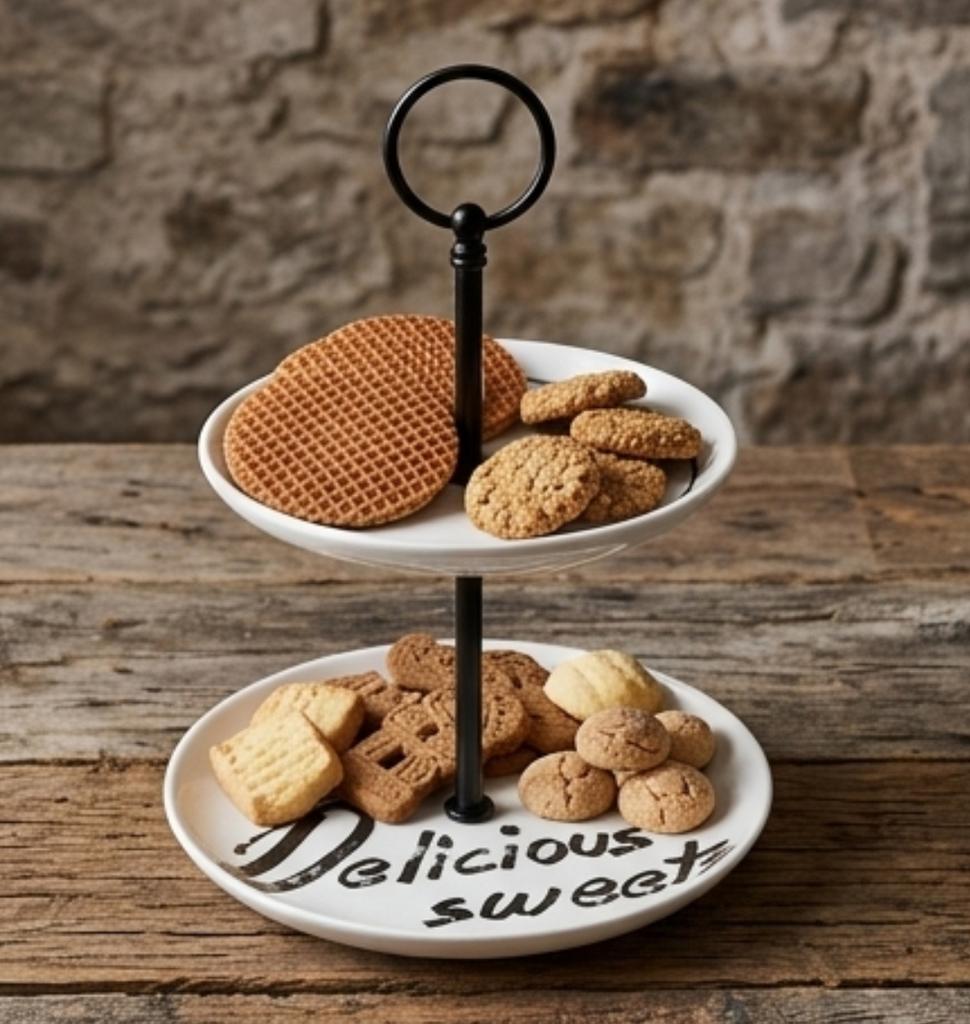 Riverdale Etagère 2-laags 'Delicious Sweets' - Wit/Zwart, Ophalen of Verzenden, Zo goed als nieuw