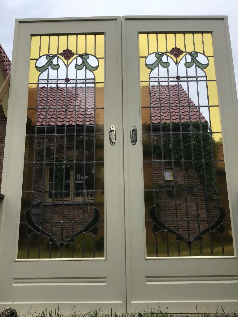 Prachtige set glas in lood schuifdeuren/ensuite deuren, Ophalen, 120 cm of meer, 200 tot 215 cm, Glas
