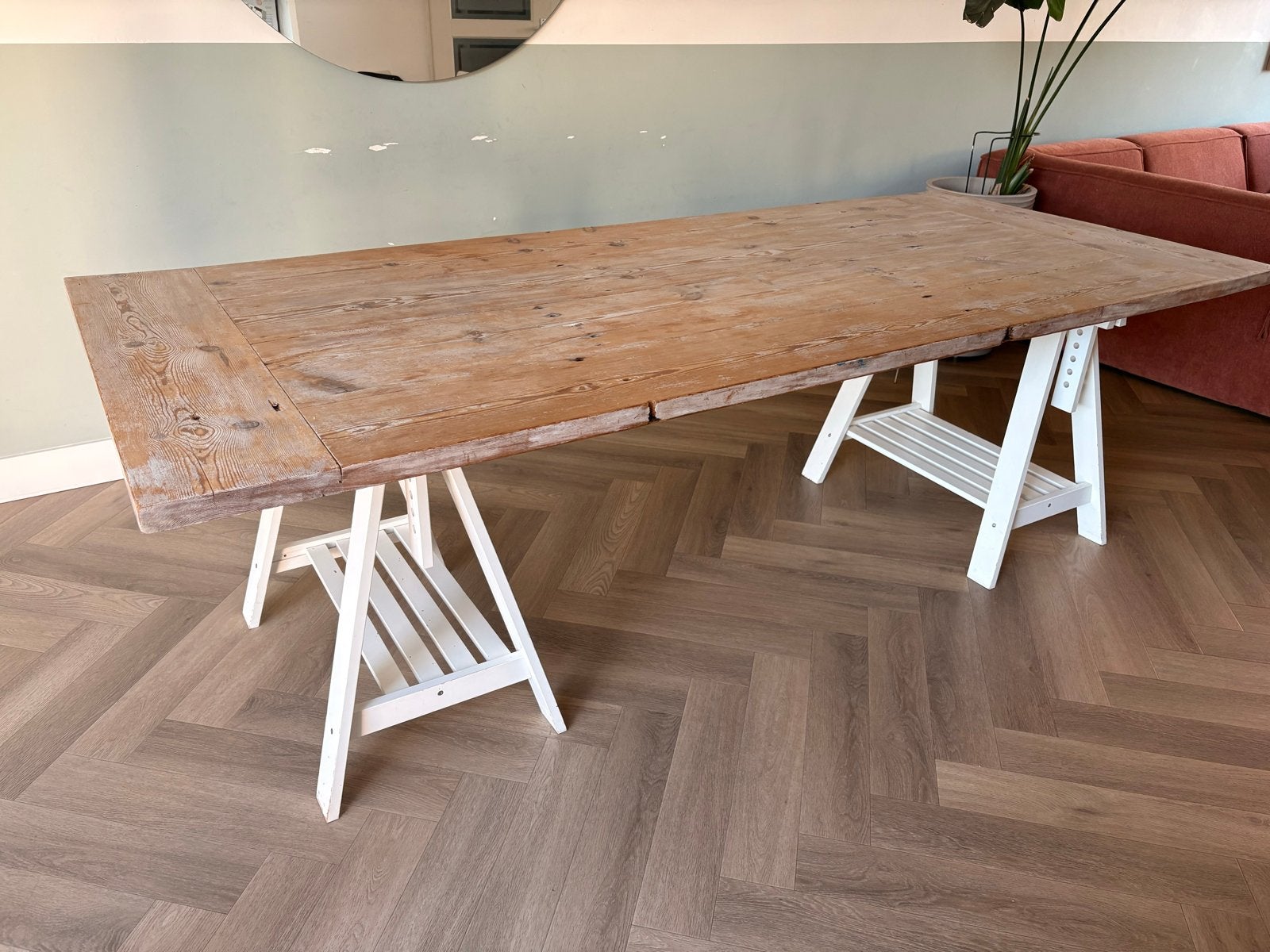 Groot grenen tafelblad van oude wagonplanken, Gebruikt, 200 cm of meer, Vijf personen of meer, Grenenhout
