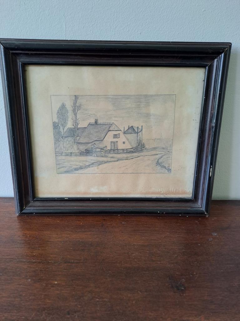 Oude ingelijste tekening boerderij, kar met paard., Ophalen of Verzenden, Minder dan 50 cm, Tekening, Minder dan 50 cm