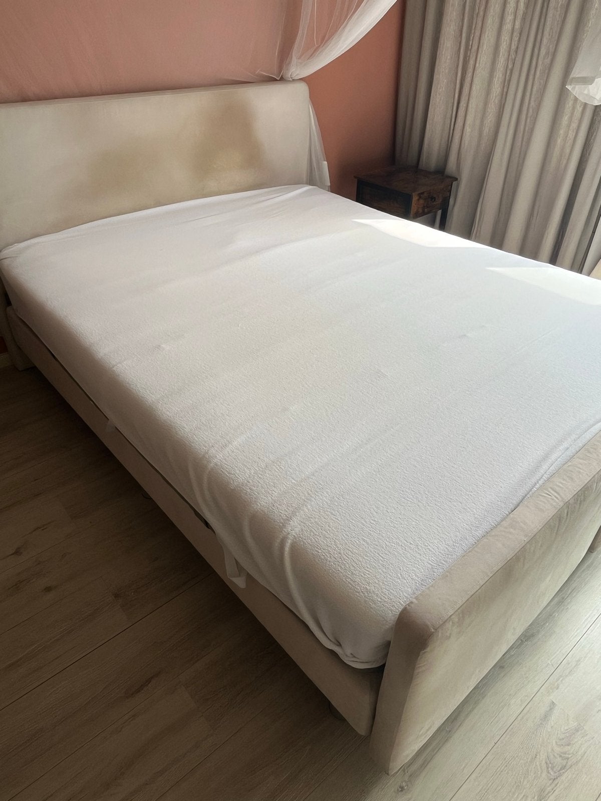 Boxspring met Ikea Hövåg matras 160x200 - Beige suède, Ophalen, Gebruikt, Beige, Tweepersoons
