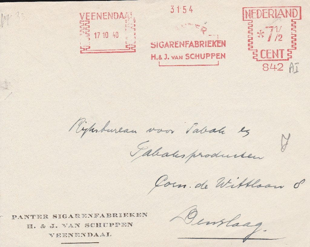VEENENDAAL 1940 front bedrijfsenvelop Panter Sigarenfabriek, Ophalen of Verzenden, 1940 tot 1960, Gelopen, Utrecht