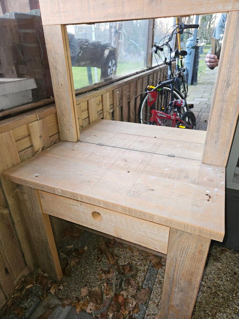 Robuuste houten kaptafel/bureau met spiegel, Huis en Inrichting, Tafels | Kaptafels, Ophalen, Gebruikt, 100 tot 150 cm, Rustiek