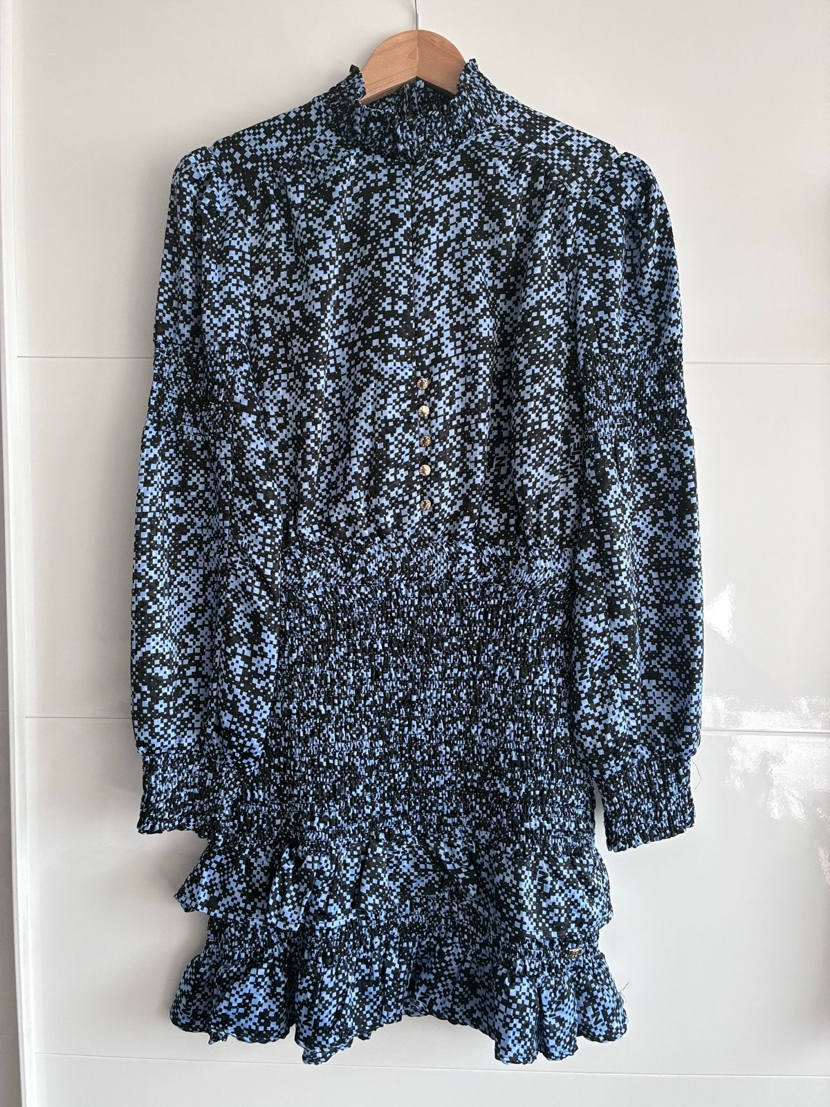 Nikkie jurk met print en ruches, Blauw, Ophalen of Verzenden, Zo goed als nieuw, Maat 36 (S)