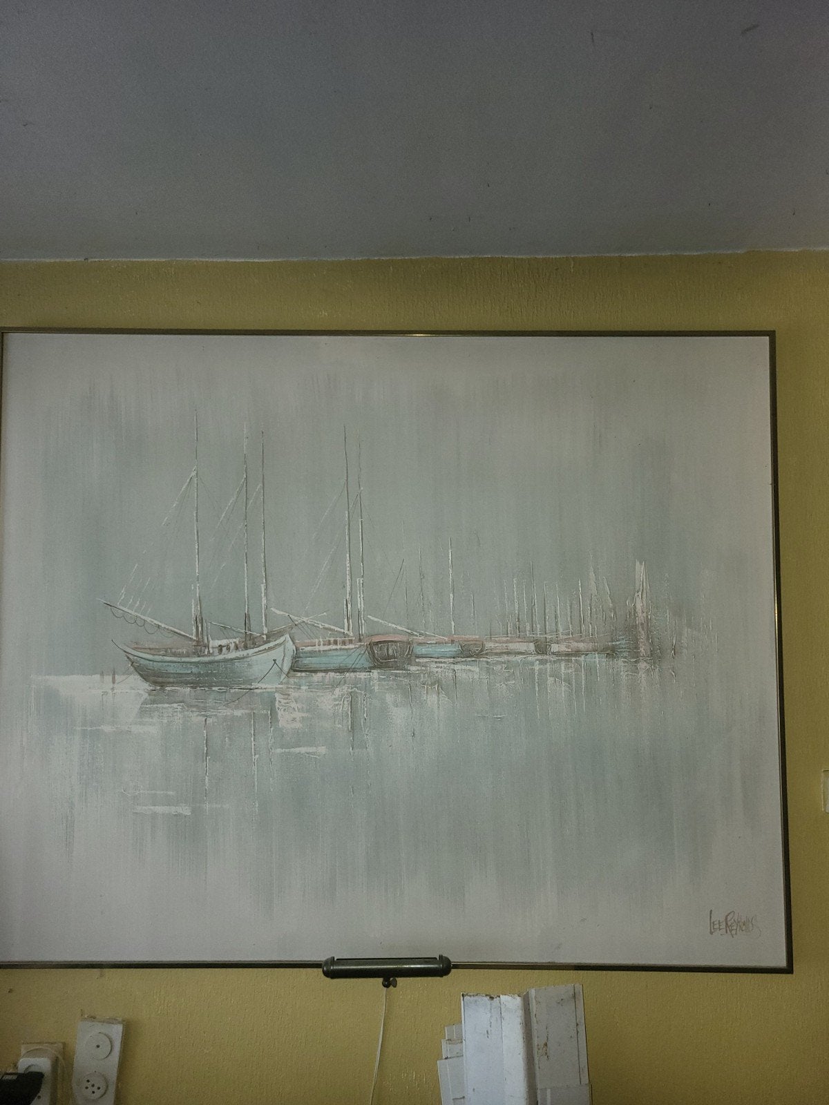 Schilderij Lee Reynolds - Haven met boten (150x120cm), Antiek en Kunst, Landschap, Op houten frame, Ophalen of Verzenden, Olieverf