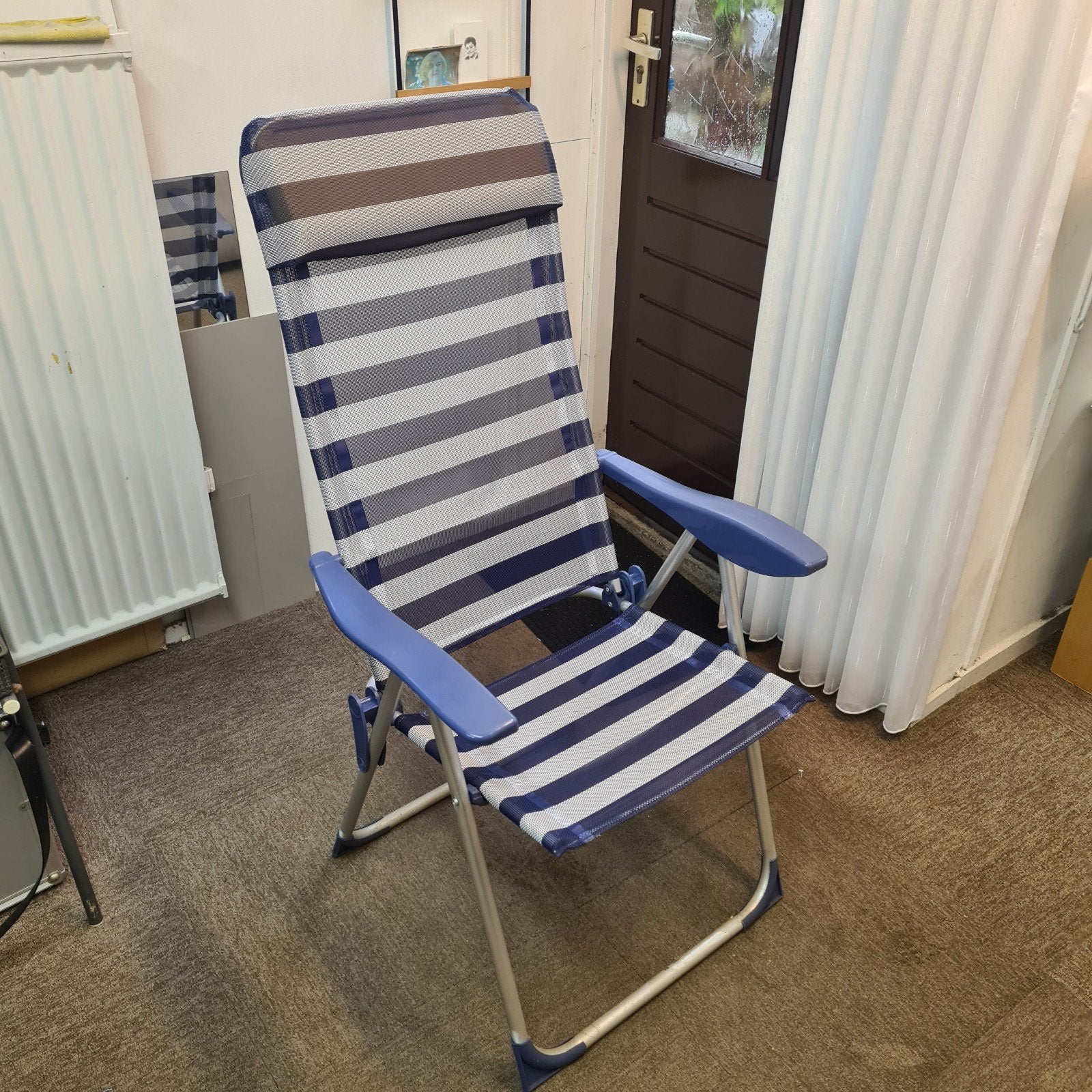 Verstelbare campingstoel - Blauw/wit gestreept, Ophalen, Gebruikt, Metaal, Inklapbaar