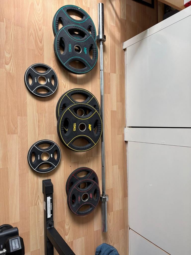 Professionele halterstang Musclepower met schijven, Ophalen, Zo goed als nieuw, Rug, Halterset