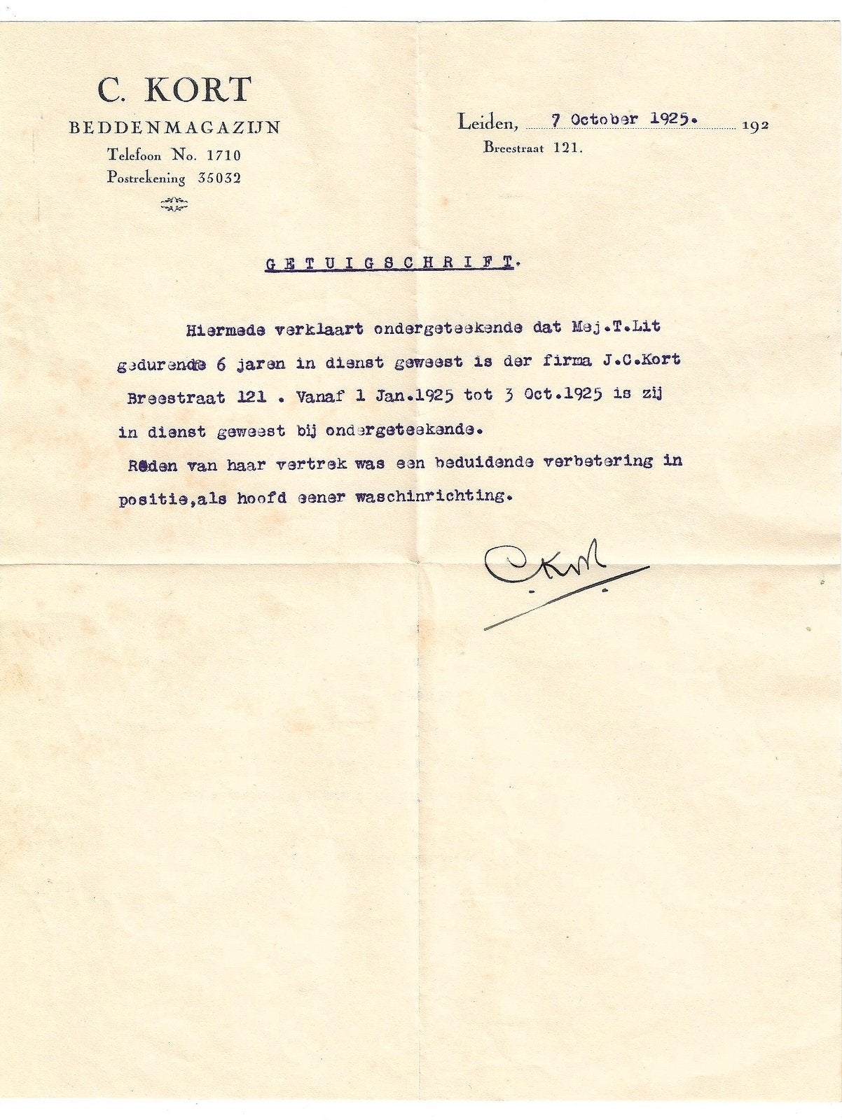 Getuigschrift C. Kort Beddenmagazijn Leiden, 7 oktober 1925, Verzenden, Nederland, Foto of Poster