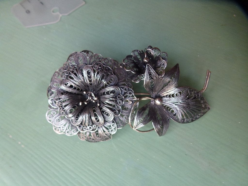 Antieke grote Zilveren Filigrein Broche / 7,5 cm x 4 cm, Verzenden, Nieuw, Zilver, Zilver