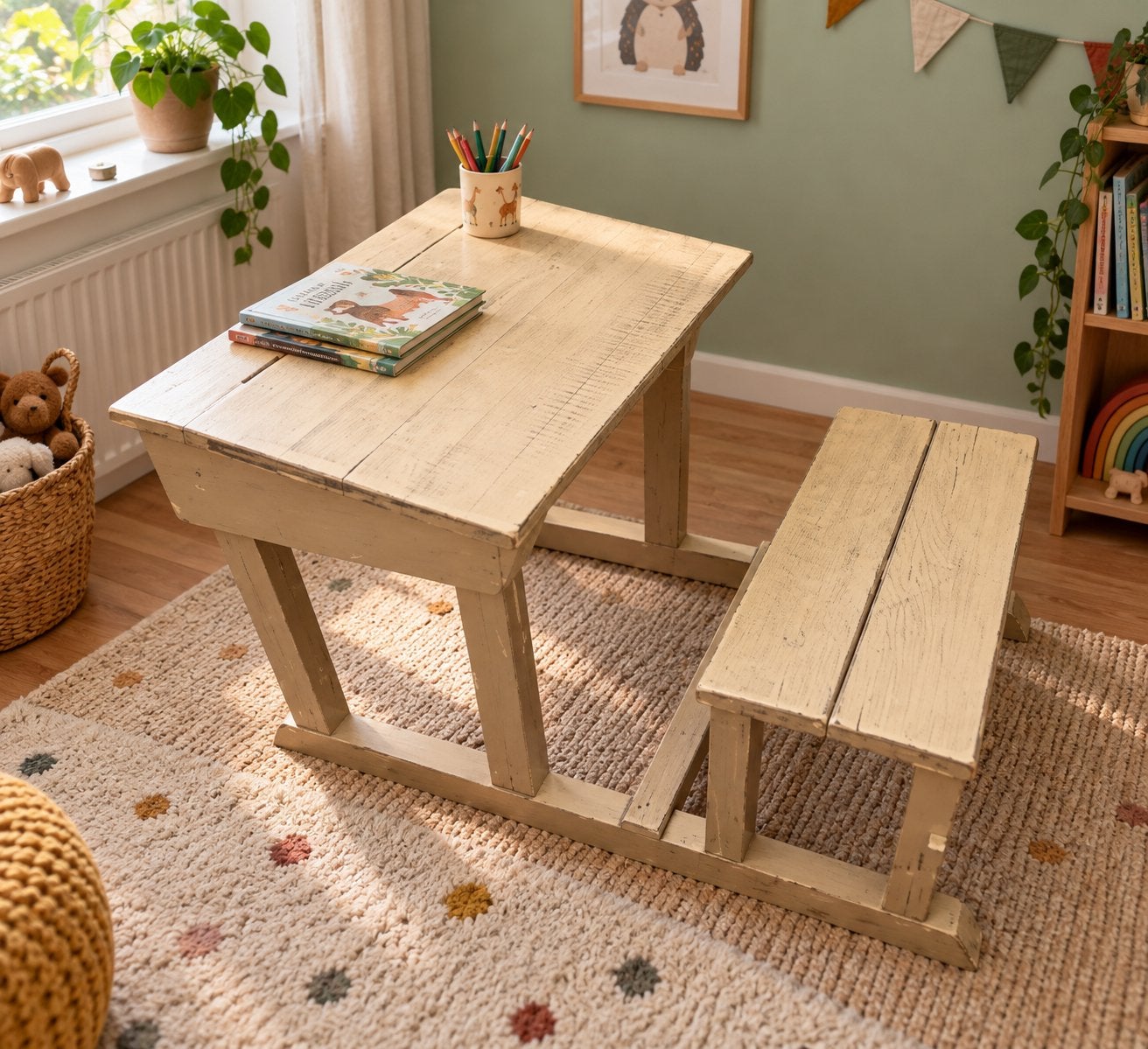 Vintage Kinderbureau Bankje Retro Schoolbank Houten Tafel, Ophalen