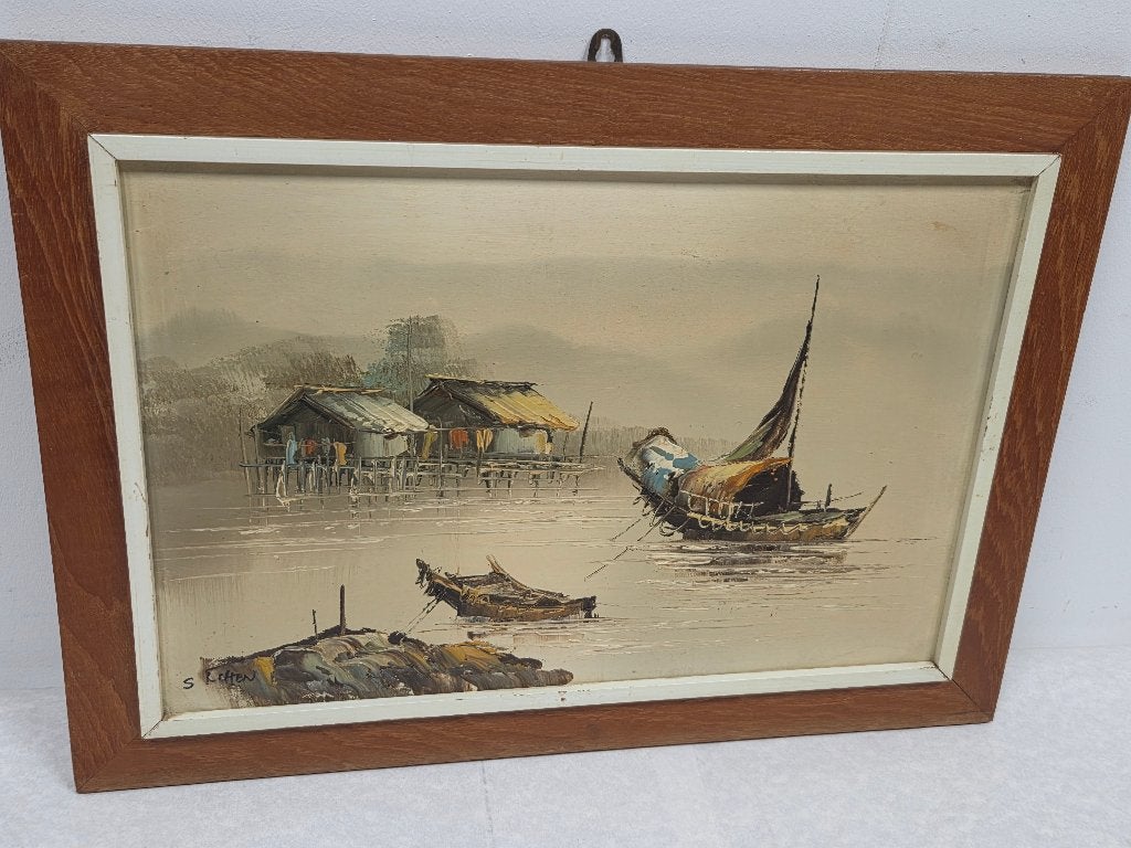 Aziatisch vissersdorp, Maritiem / water, Doek, Ophalen of Verzenden, Olieverf