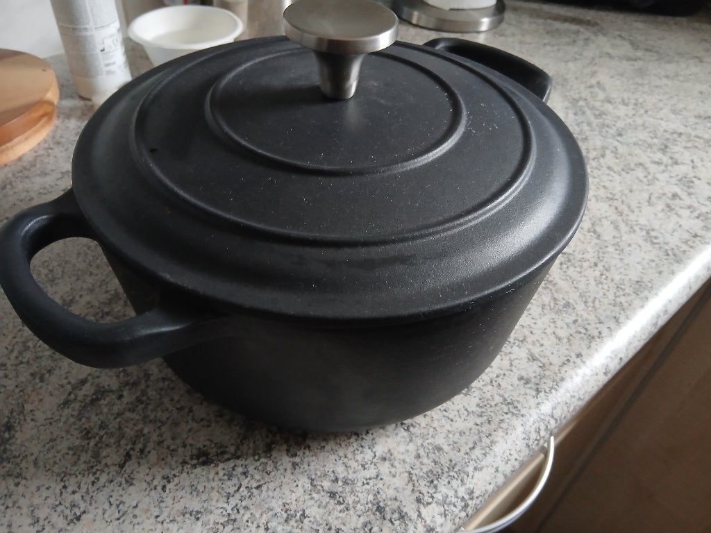 Braadpan, gietijzer, Huis en Inrichting, Keuken | Potten en Pannen, Ophalen, Zo goed als nieuw, Met deksel, Braadpan