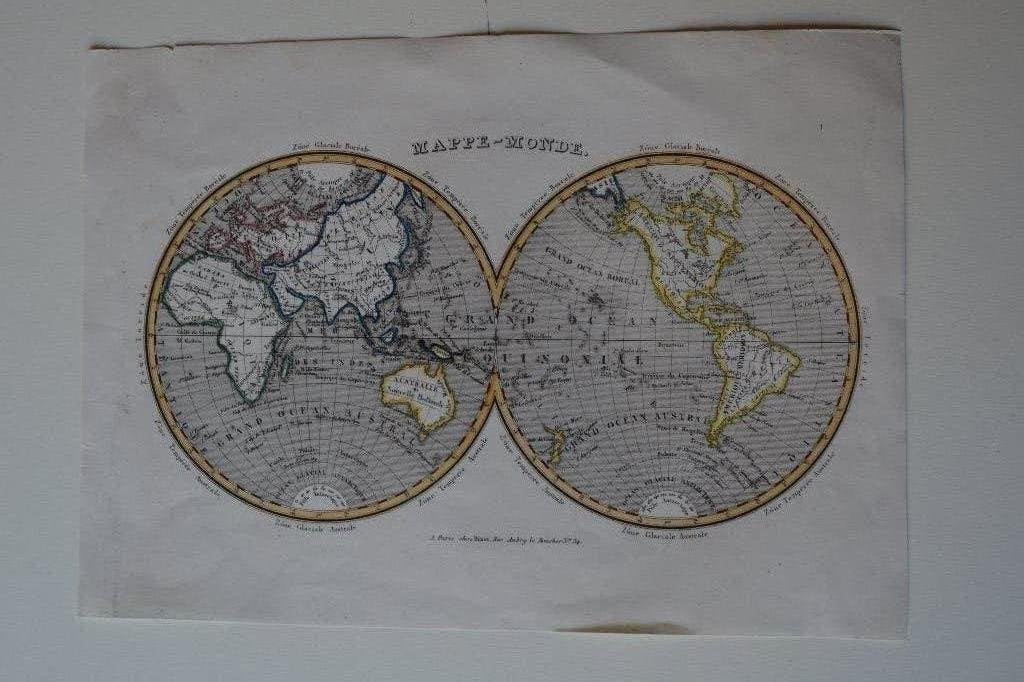 WERELDKAART WERELDBOLLEN GLOBE ANNO 1838 Handgekleurd E5, Antiek en Kunst, 1800 - 1899, Verzenden, Cartografie, Gravure