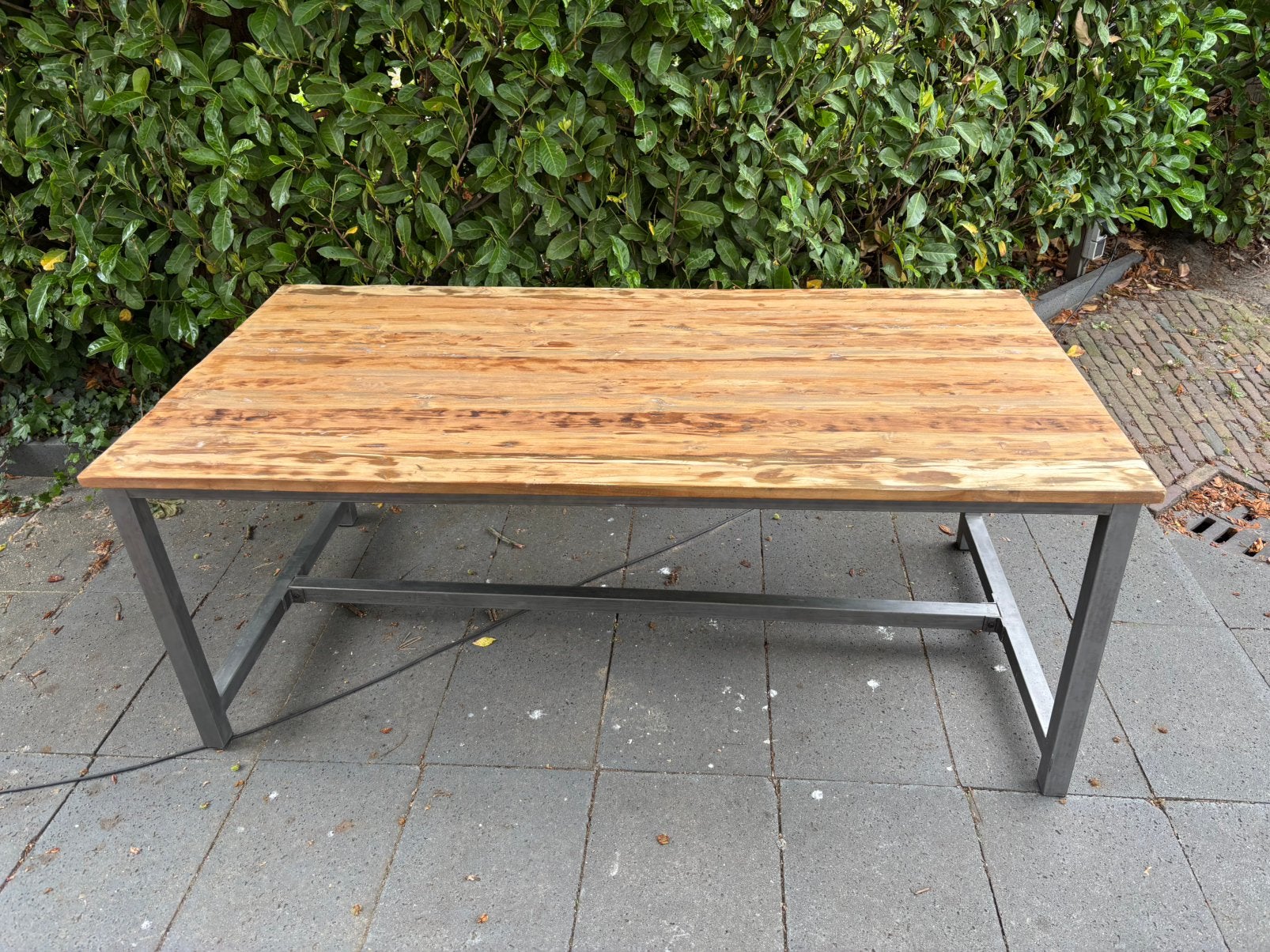 Mooie stoere teak houten eettafel stalen onderstel 100x200, Ophalen, Stoer, Teakhout, 50 tot 100 cm