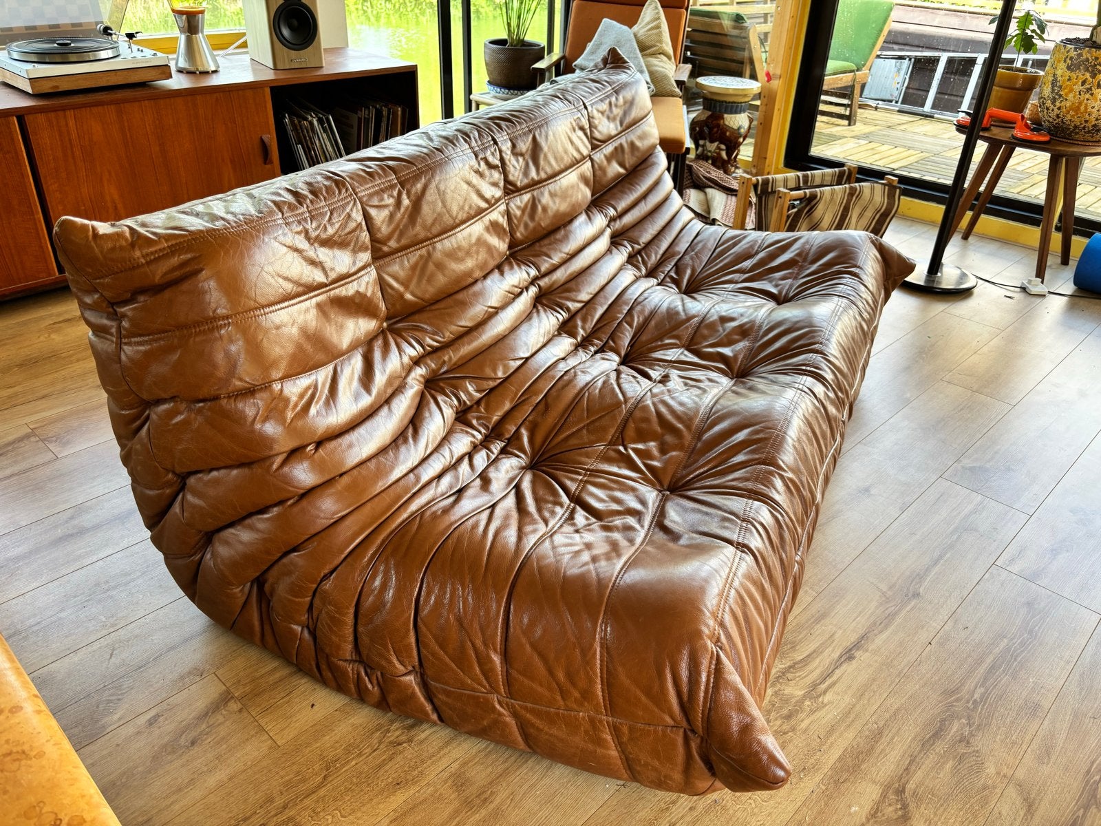 Ligne Roset Togo bank - camel Bruin leer - 3-zits, Ophalen, 250 tot 300 cm, Gebruikt, Driepersoons