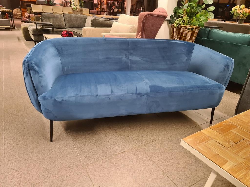 Nieuwe 2zits bank adore velvet blauw mid-century model 180cm, Ophalen, Vintage, Blauw, .