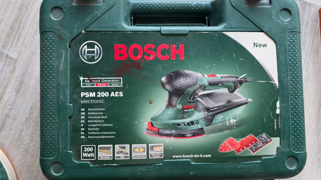 Bosch PSM 200 AES vlakschuurmachine met koffer, Ophalen, Gebruikt, Minder dan 600 watt, Vlakschuurmachine