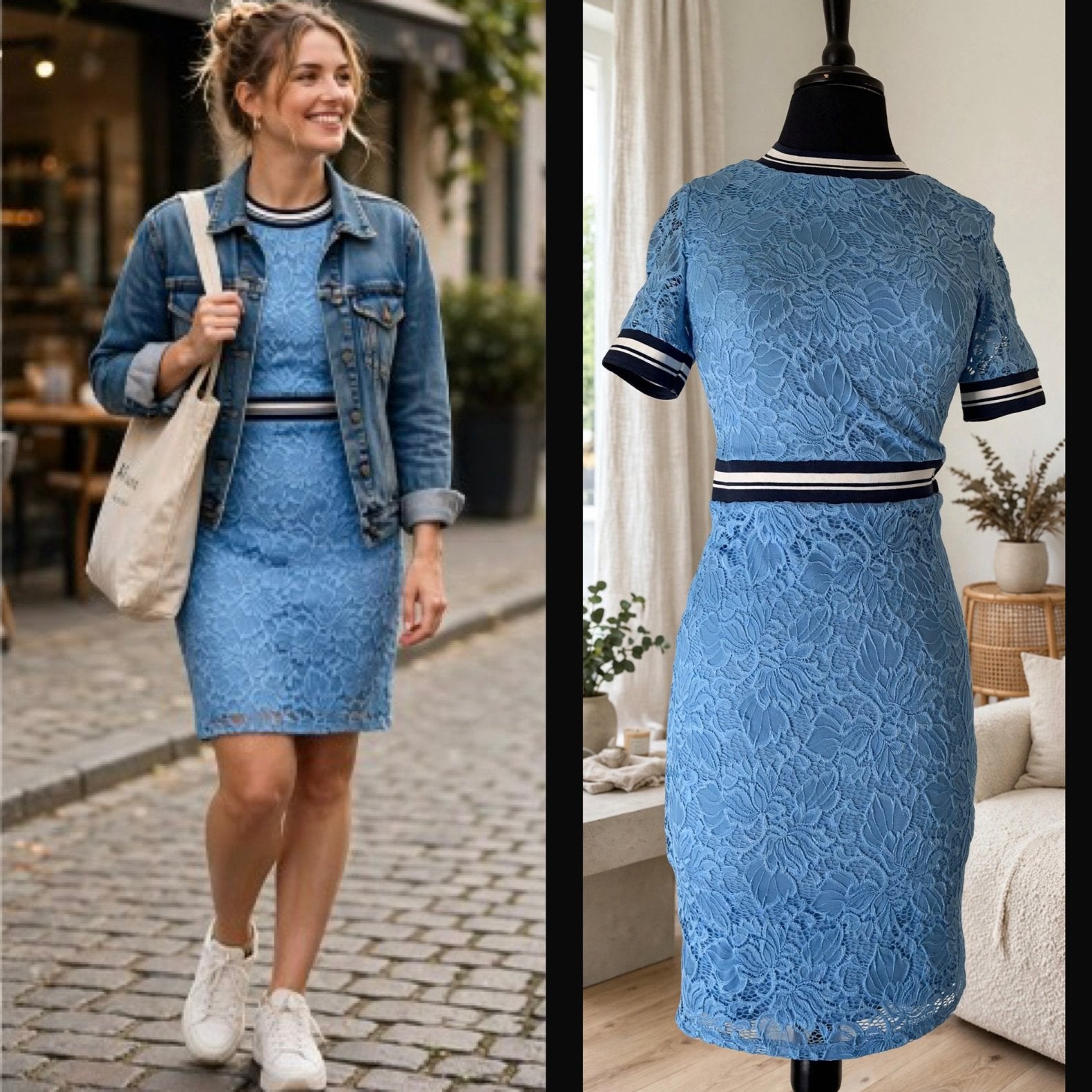 Amisu Kanten Jurk Maat 34 (XS) - Blauw, Blauw, Ophalen of Verzenden, Zo goed als nieuw, Knielengte