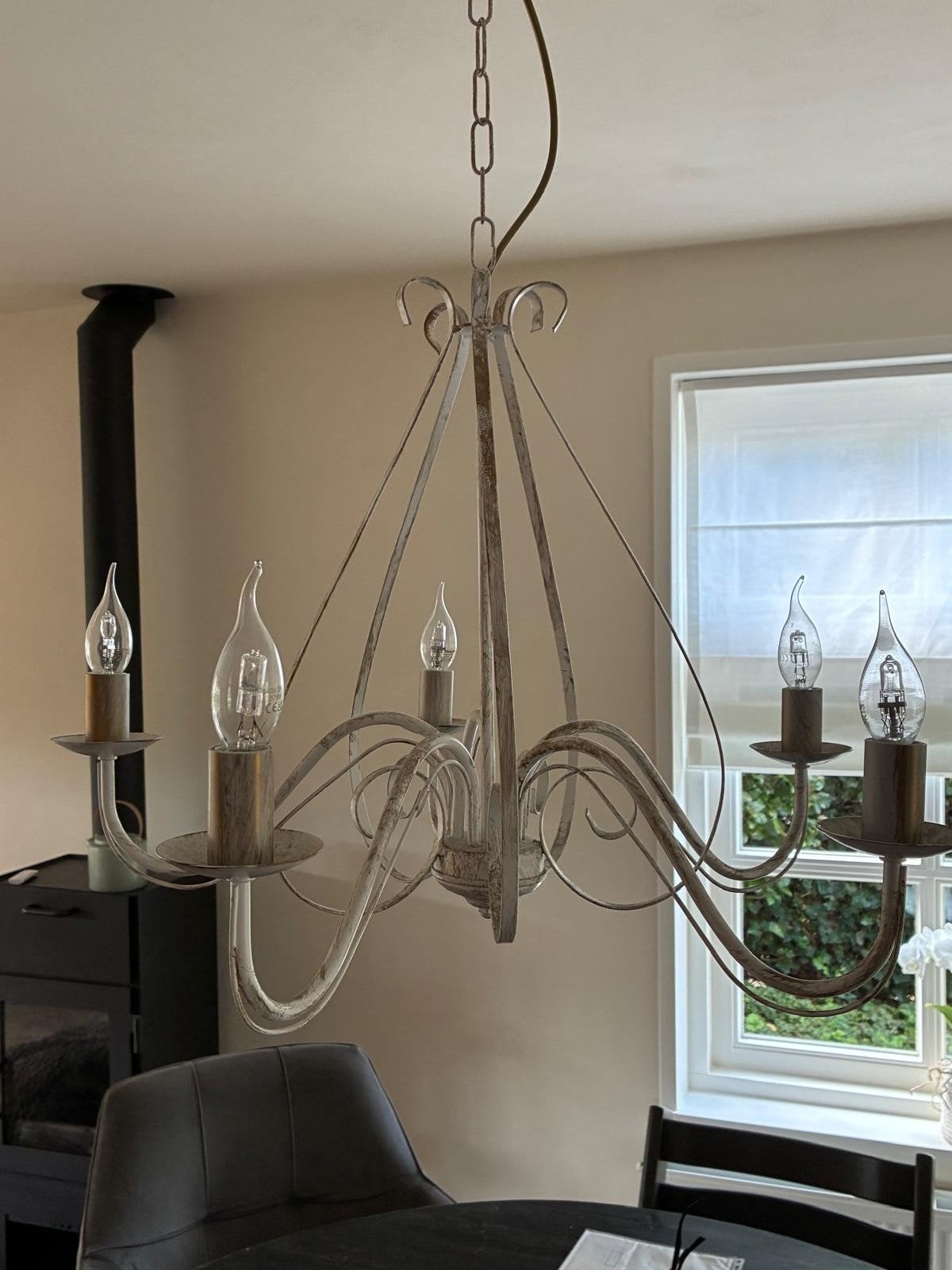 Antieke Kroonluchter met 5 Lichtpunten - Landelijke Stijl, Gebruikt, E14 (klein), Ophalen of Verzenden, Metaal