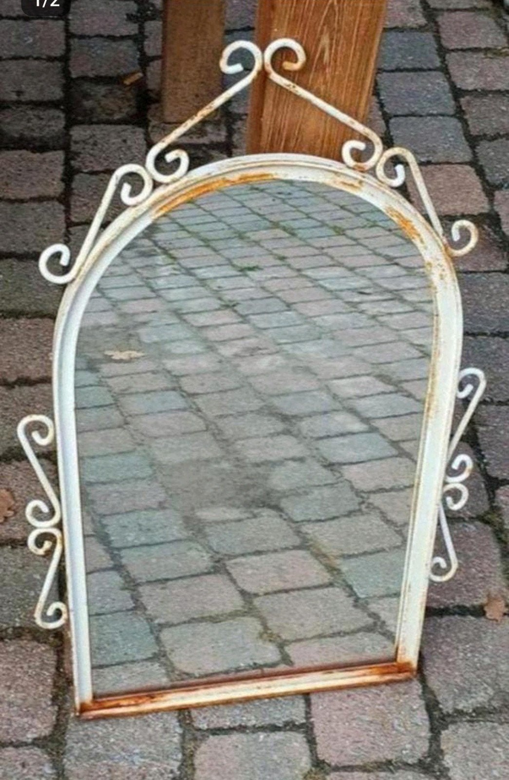 Vintage Spiegel met Metalen Lijst - Wit, Antiek en Kunst, Antiek | Spiegels, Ophalen of Verzenden, Overige vormen, Minder dan 50 cm