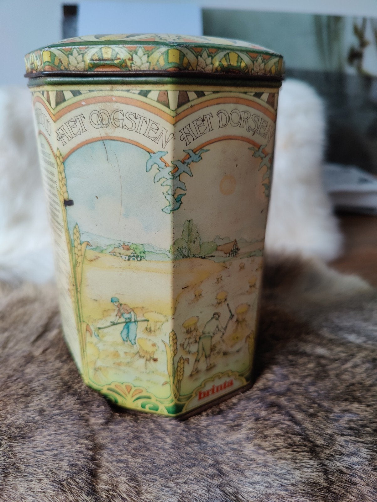 Vintage Brinta Blik 'Het Land, Het Oogsten, Het Dorsen', Ophalen of Verzenden