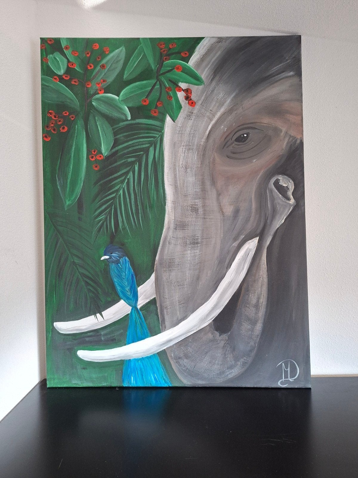 Handgeschilderd schilderij olifant 60x80 cm, Ophalen of Verzenden, Dieren, Olieverf, Gesigneerd