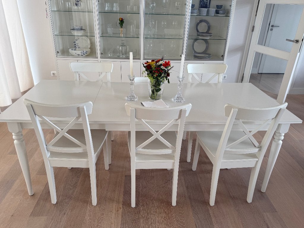 IKEA ROSENTORP Extendable table, white, 155/215x87 cm, Huis en Inrichting, Ophalen, 50 tot 100 cm, Zo goed als nieuw, Vijf personen of meer
