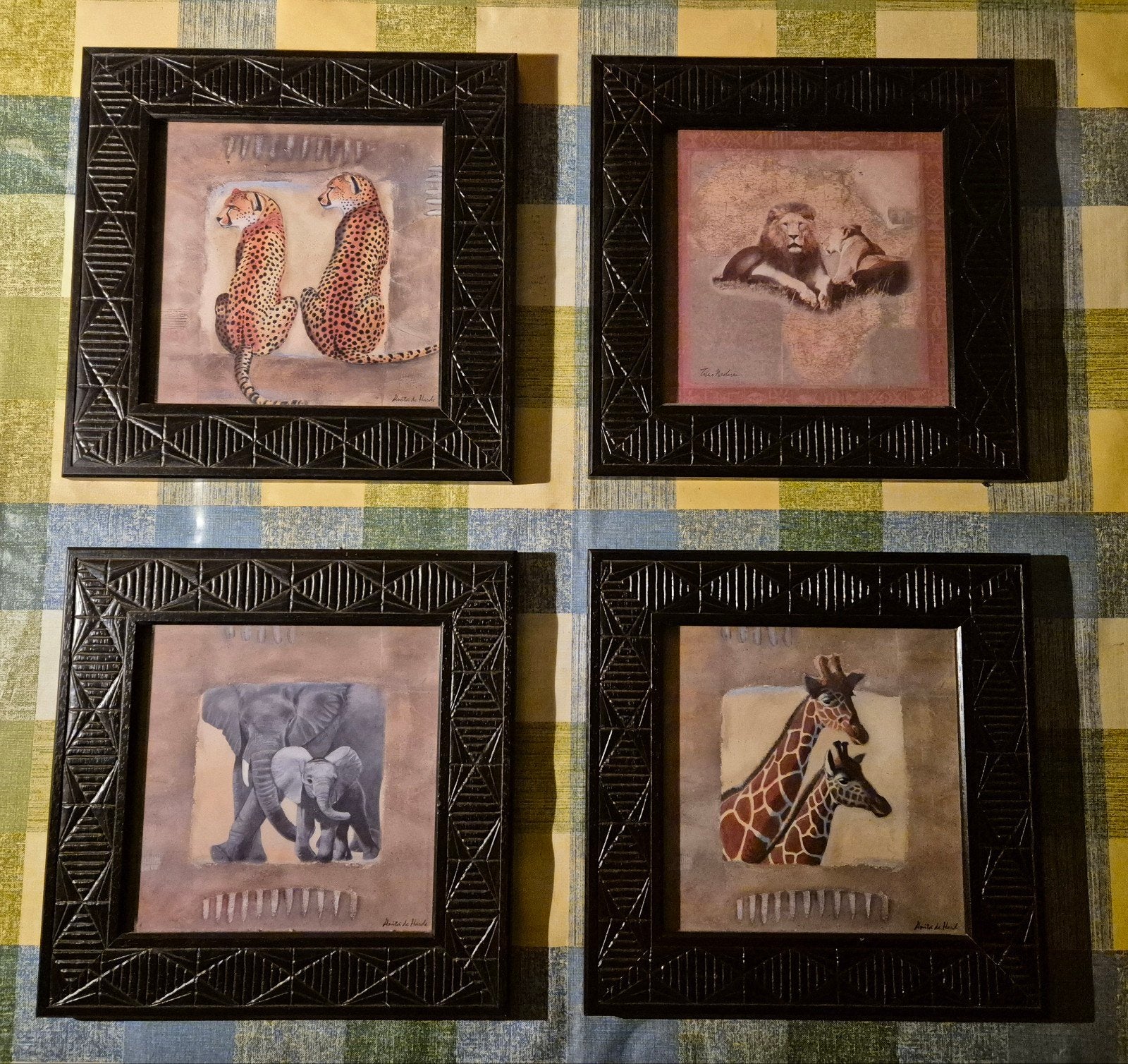 Set van 4 Afrikaanse Dieren Schilderijen - 25x25 cm, Minder dan 50 cm, Ophalen of Verzenden, Zo goed als nieuw, Schilderij
