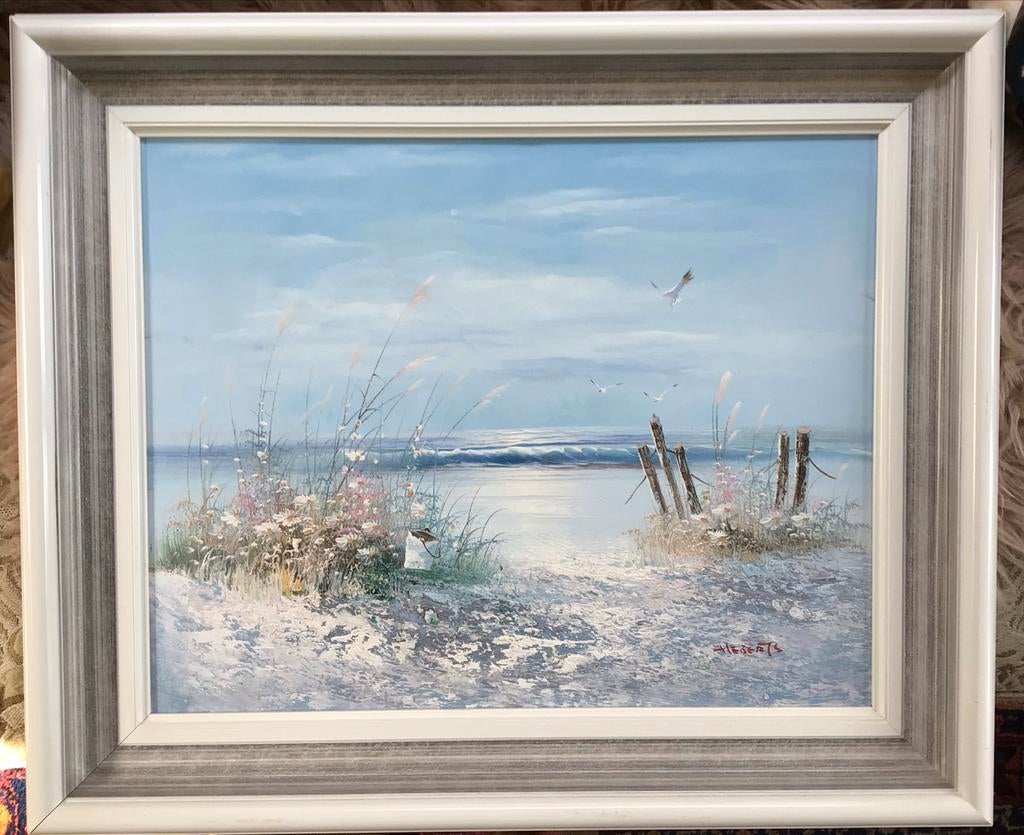 Gesigneerd olieverfschilderij strandgezicht, Antiek en Kunst, Ophalen of Verzenden