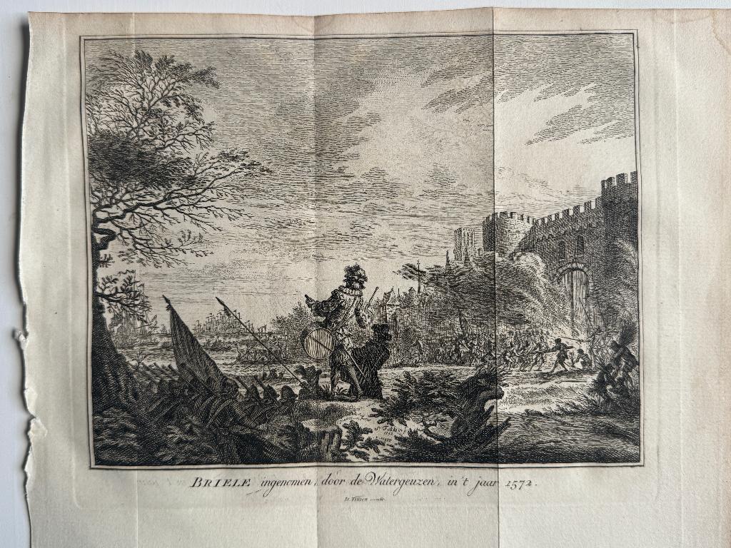 Briele ingenomen door watergeuzen in 1572 - P0870-07, Antiek en Kunst, Kunst | Etsen en Gravures, Ophalen of Verzenden, Ets, 1700 - 1799
