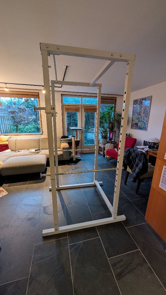Power Cage wit, met barbel, bench en gewichten, Ophalen, Benen, Krachtstation, Zo goed als nieuw