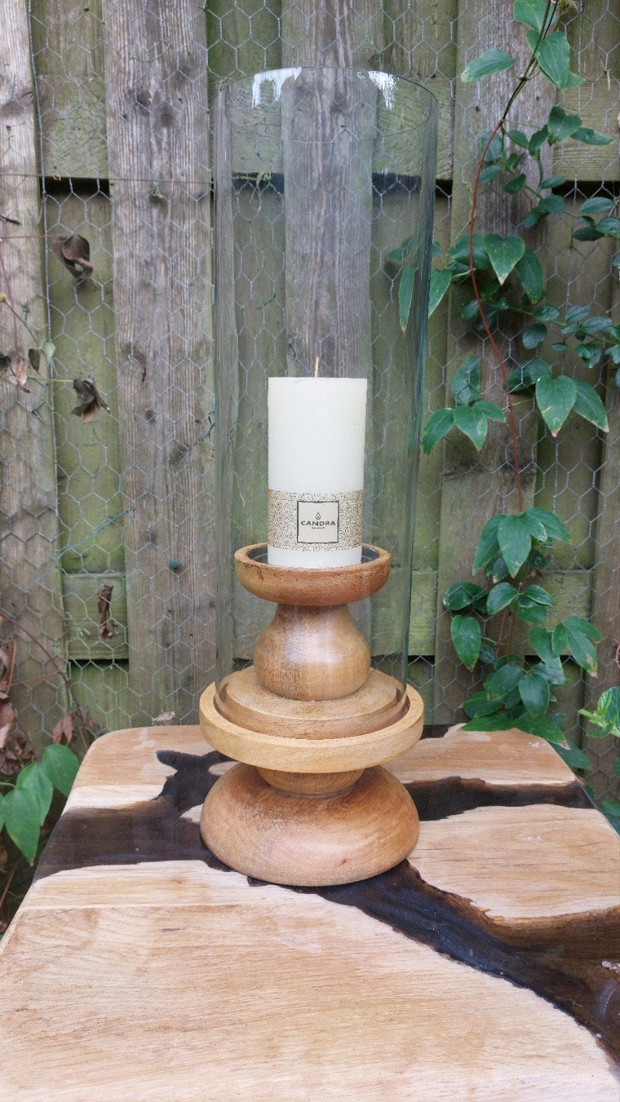 Houten kandelaar met glazen windlicht, Ophalen, Gebruikt, Bruin, Overige merken