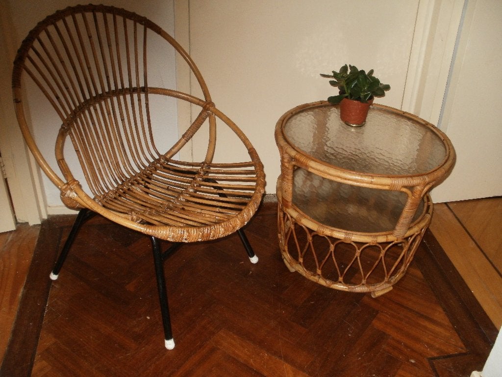 Rotan stoel en tafeltje van Rohe, Ophalen, Gebruikt, Bruin, Riet of Rotan